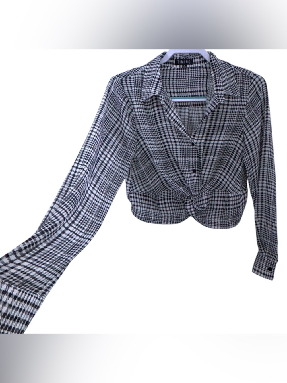 Timing Black & White Plaid Knot-Front Crop Top